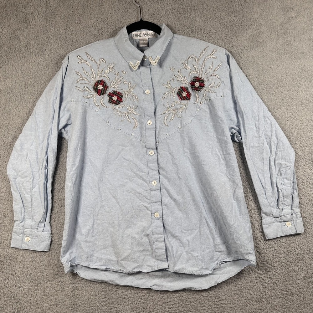 Vintage Jane Ashley Shirt Womens Medium Pearl Beaded Embroidered Western 90s